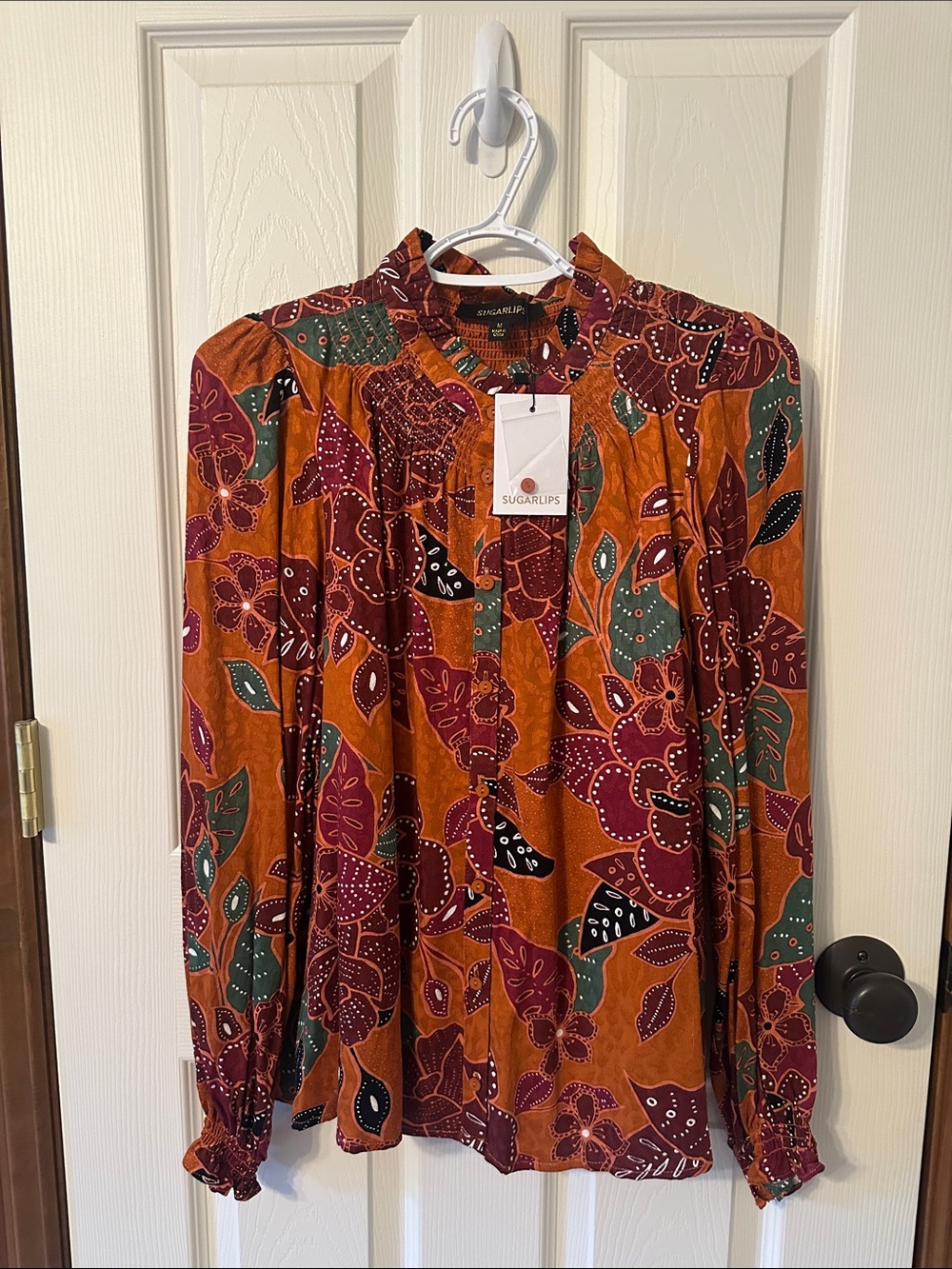 SugarLips Women's Rust Botanical Print Long-Sleeve Blouse